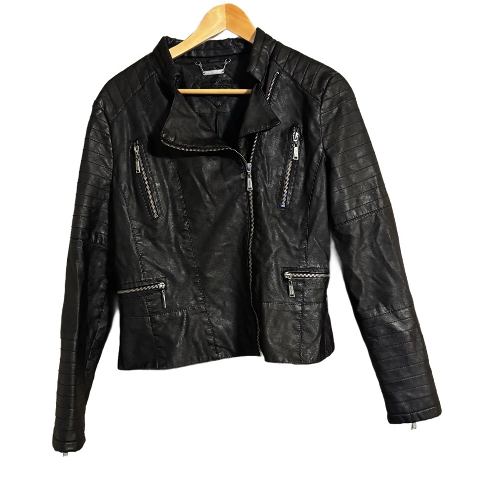 Womens Moto Jacket Jou Jou Black Faux Vegan Leather Zip Front Pockets Size XL